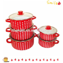 5pcs good price carbon steel enamel cookware set with glass lid enamel handle pp knob red coating and white spot